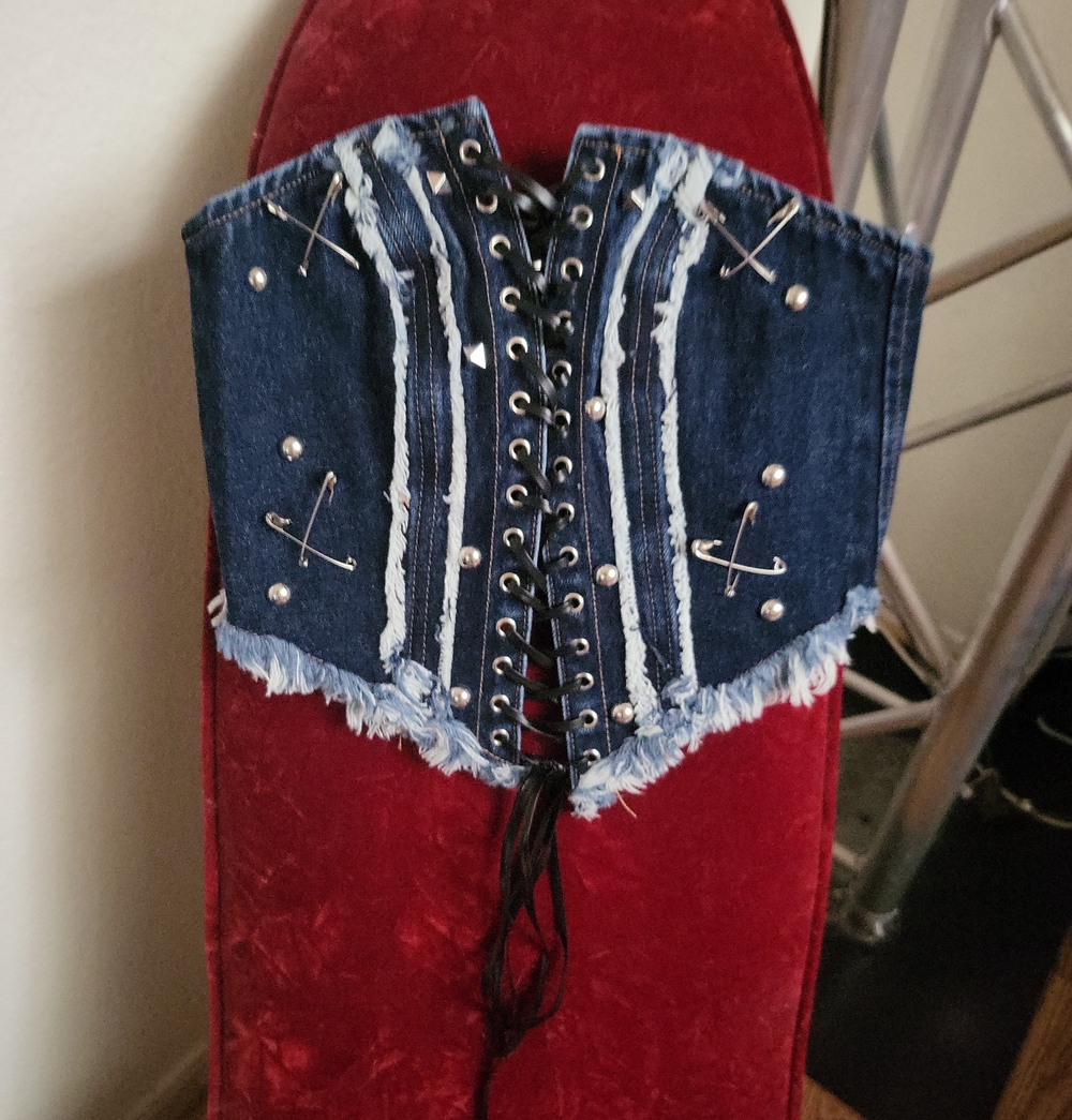 Finesse Dark Blue Denim Lace-Up Studded Frayed Crop Corset